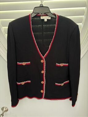 St John Collection Marie Gray Knit Jacket 16 Black Santana Red Gold Trim Cardiga